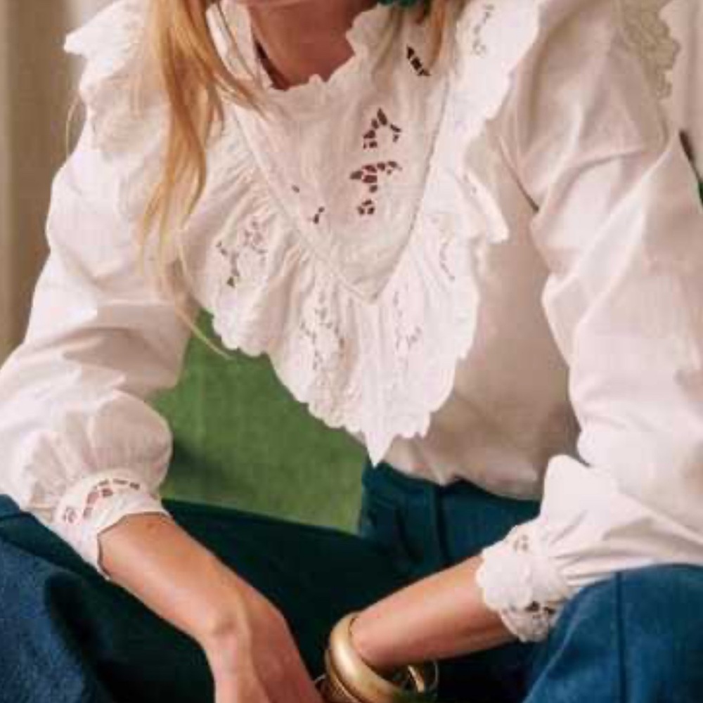 Sezane Cotton White Lace Trim Blouse